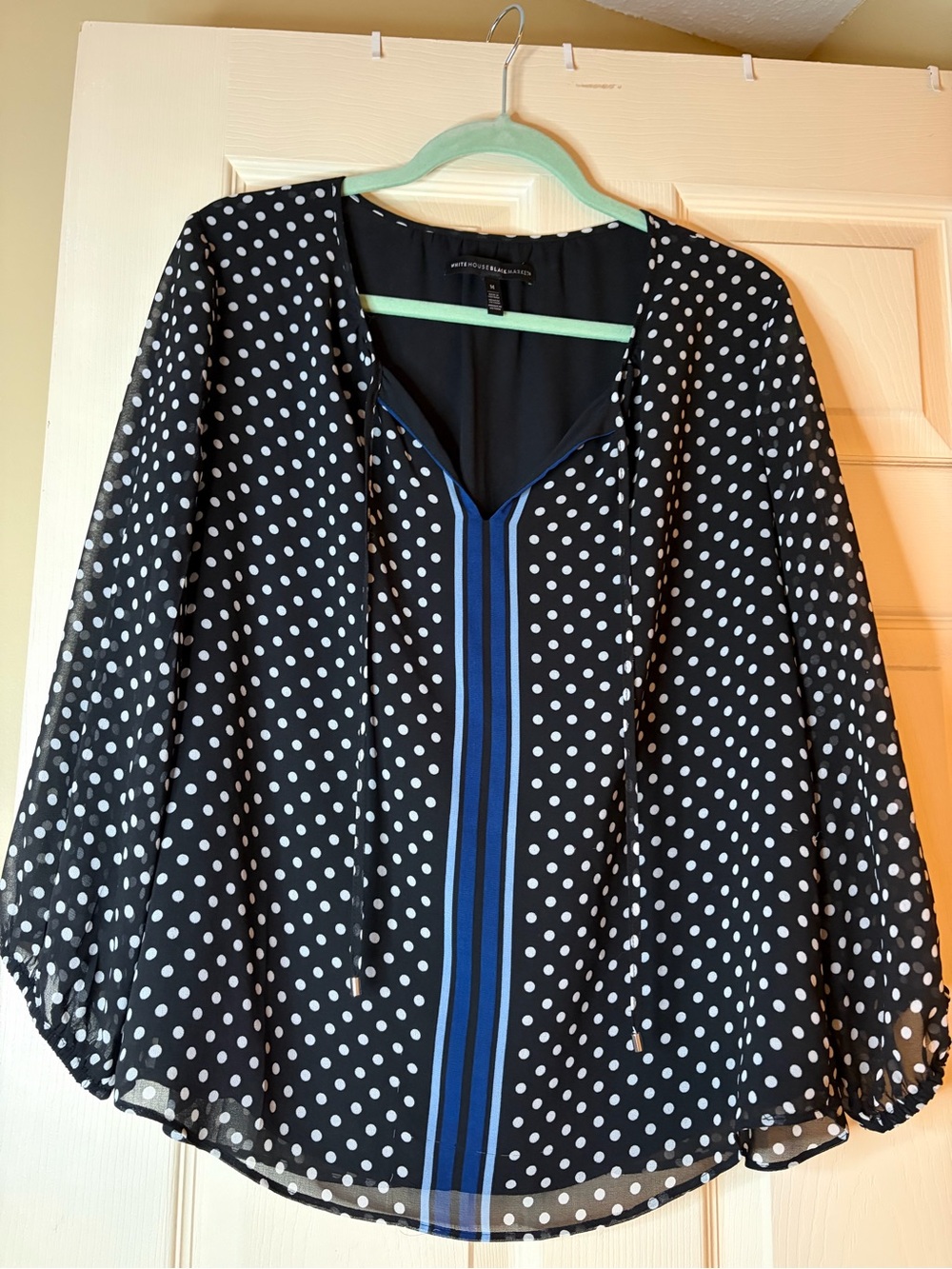 White House Black Market Black Polka Dot V-Neck Blouse with Blue Stripe